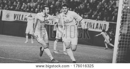 VILLARREAL, SPAIN - FEBRUARY 26: Morata and Bale celebrate a goal during La Liga match between Villarreal CF and Real Madrid at Estadio de la Ceramica on February 26, 2017 in Villarreal, Spain