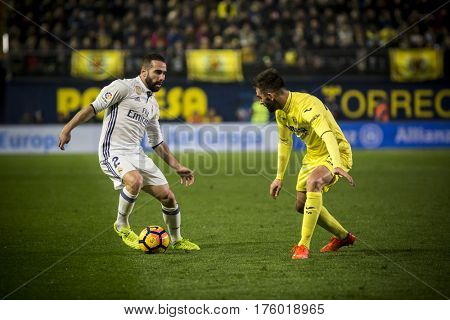 VILLARREAL, SPAIN - FEBRUARY 26: (L) Carvajal and Adrian during La Liga match between Villarreal CF and Real Madrid at Estadio de la Ceramica on February 26, 2017 in Villarreal, Spain