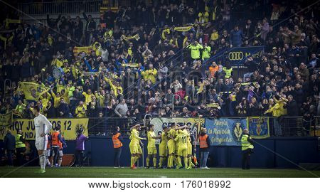 VILLARREAL, SPAIN - FEBRUARY 26: Villarreal players celebtate a goal during La Liga match between Villarreal CF and Real Madrid at Estadio de la Ceramica on February 26, 2017 in Villarreal, Spain