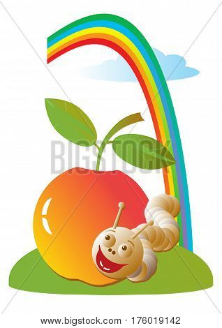 Vector illustration of a red apple on the green grass, cheerful worm and rainbow in the sky.  Isolated on a white. Cartoon on the theme of ecology