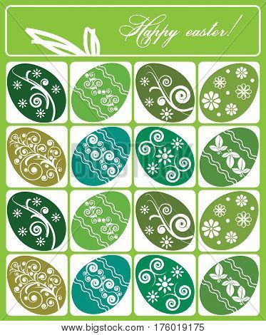 Vector illustration. Easter  Eggs in green color with various decor in squares. Purpose: can be used as a greeting card or in packaging, backgrounds, decorative paper. Or take  elements for design