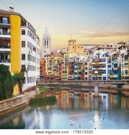 historical jewish quarter in Girona, view from Eiffel Bridge at sunrise, Barcelona, Spain, Catalonia