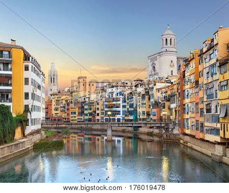 historical jewish quarter in Girona, view from Eiffel Bridge at sunrise, Barcelona, Spain, Catalonia