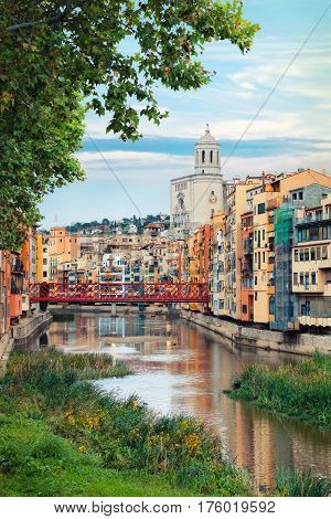historical jewish quarter in Girona with Eiffel Bridge at sunrise, Barcelona, Spain, Catalonia