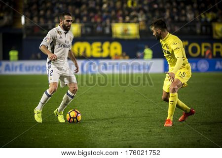 VILLARREAL, SPAIN - FEBRUARY 26: (L) Carvajal and Adrian during La Liga match between Villarreal CF and Real Madrid at Estadio de la Ceramica on February 26, 2017 in Villarreal, Spain
