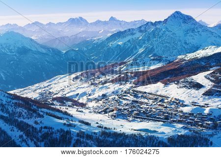 Beautiful cityscape of Sestriere surrounded by snowcapped mountains in winter season