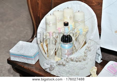 Candles during orthodox christening baptism. Orthodox church