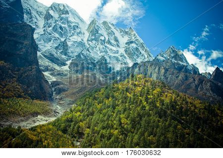 India Forest in valley Himalayas mountains with sky