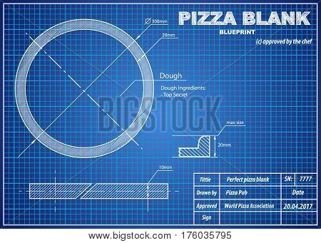 Perfect Pizza Blank scheme in blueprint paper drawing style. Print background composition of coffee for menu and posters. Creative concept of Modern design. Vector Illustration