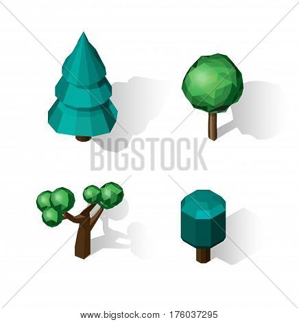 Isometric vector tree set. Landscape constructor kit. Different trees for make design. Low poly spruce, apple, decorative shrub, linden, maple, pine and firtree.