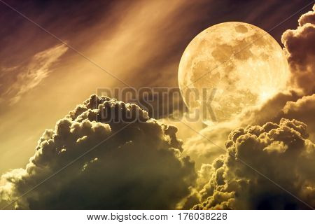 Nighttime Sky With Clouds And Bright Full Moon With Shiny.  Sepia Tone.