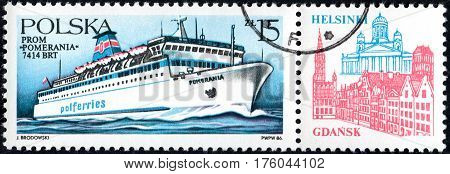 UKRAINE - CIRCA 2017: A stamp printed in POLAND shows Ferryboats Pomernia circa 1986