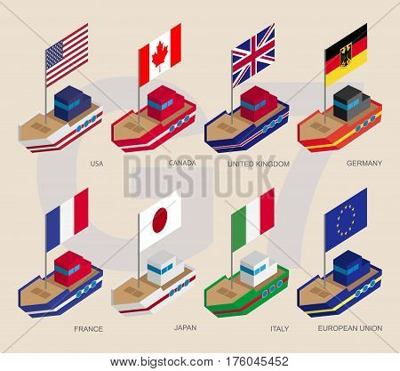 Set Of Isometric Ships With Flags Of G7 And Eu