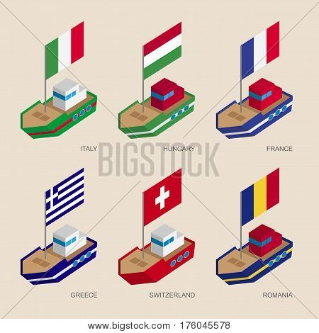 Isometric Ships With Flags: France, Romania, Hungary, Italy, Switzerland, Greece
