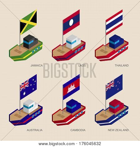 Isometric Ships With Flags: Australia, New Zealand, Laos, Thailand, Jamaica