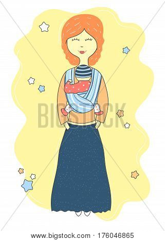 Mother holds baby in a sling scarf. Cute cartoon hand drawn background. Vector illustration.