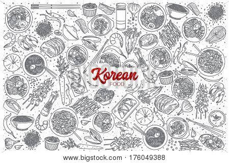 Hand drawn Korean food doodle set background with red lettering in vector