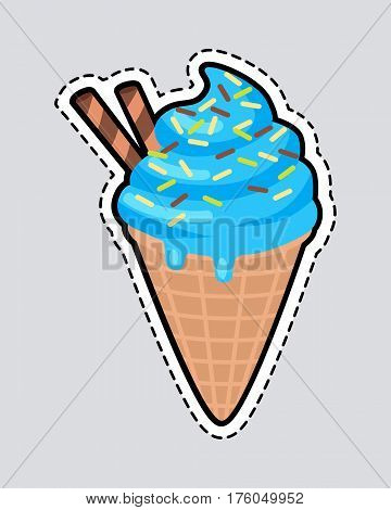 Ice cream with two candy sticks isolated. Patch. Cut out ice cream sticker. Blue ice cream with caramels. Confectionery childish illustration in flat design. Restaurant menu for children vector