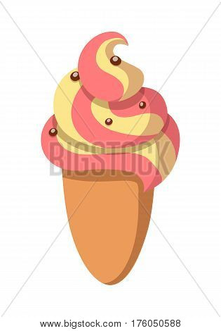 ake in oval shape with whipped cream. Yellow-pink topping and some confetti. Baked bun. Ice cream in cone. Fresh bakery. Sweet logo. Cartoon style. Flat design. Vector illustration isolated on white