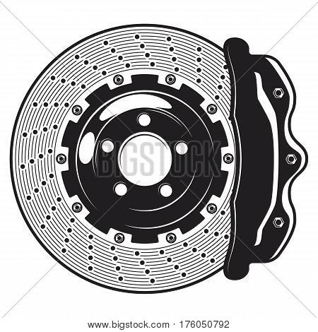 Isolated monochrome illustration of car brakes disk on white background