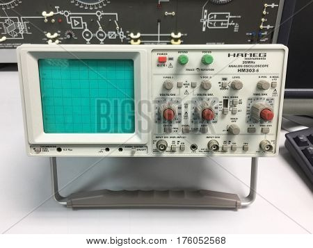 BANGKOK THAILAND 8 MARCH 2017: Oscilloscope on table laboratory in King Mongkut's University of Technology North Bangkok (KMUTNB) Thailand