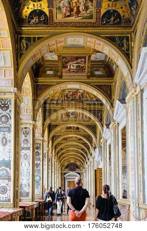 ST.PETERSBURG, RUSSIA - JUNE 08, 2016: The Raphael Loggias at State Hermitage Museum. Raphael Loggias are the exact copy of the Gallery in the Papal Palace in Vatican City.