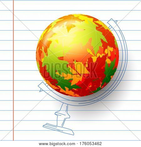 Concept autumn school. Child's drawing in the notebook. Sphere of autumn maple leaves abstract colored globe. Stock vector illustration