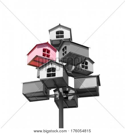 Many nesting boxes of gray color and single nesting box of pink color. Isolated on white background