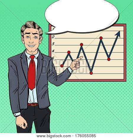 Pop Art Businessman Pointing Growth Graph. Business Presentation. Vector illustration