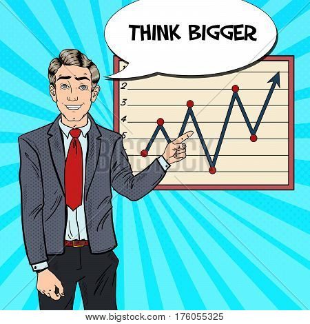Pop Art Business Man Pointing Growth Graph. Business Presentation. Vector illustration