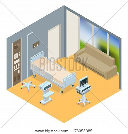 Flat 3D vector illustration Isometric interior of hospital room. Hospital room with beds and comfortable medical equipped in a modern hospital