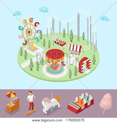 Amusement Park with Carousel, Ferris Wheel and Rollercoaster. Vector isometric 3d flat illustration