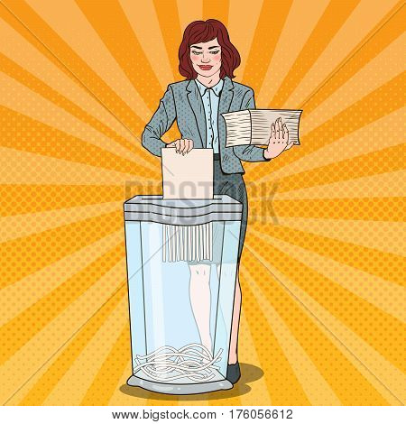 Pop Art Business Woman Utilises Paper Documents in Shredder. Vector illustration