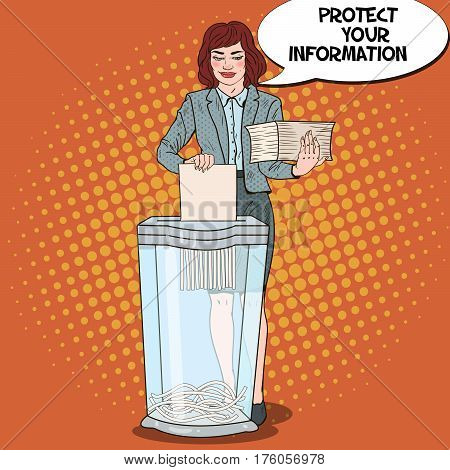 Pop Art Business Woman Shredding Paper Documents. Vector illustration