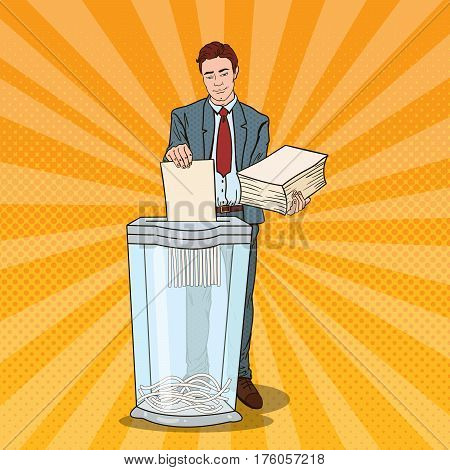 Pop Art Businessman Utilises Paper Documents in Shredder. Vector illustration