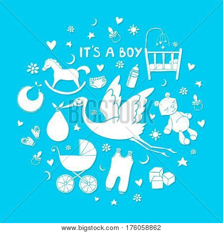 Set of hand drawn elements. Baby boy stuff. Collection of vector cute elements.