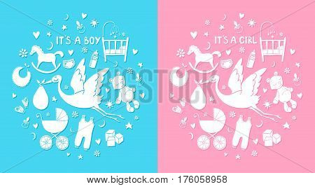 Set of hand drawn elements. Baby stuff. Collection of vector cute icons. It's a boy and girl
