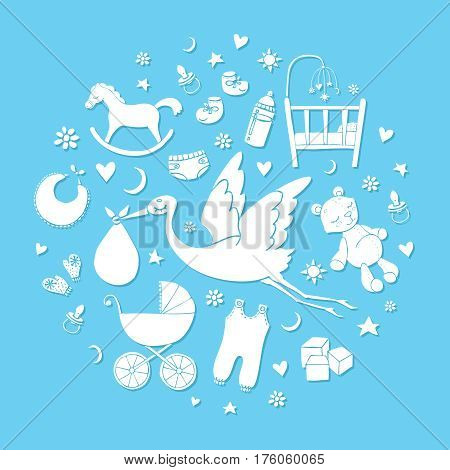Set of hand drawn elements. Baby boy stuff. Collection of vector cute elements.