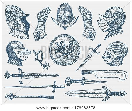 big set medieval symbols, Helmet and gloves, shield with dragon and sword, knife and mace, spur vintage, engraved hand drawn in sketch or wood cut style, old looking retro,