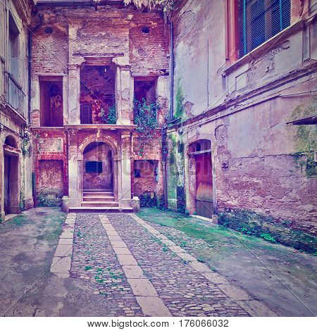 Dilapidated Courtyard of the Old Italian Home in the City of Minori Instagram Effect