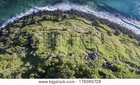 Aerial view looking down Burleigh Headland National Park, and coastal. Gold Coast, Australia