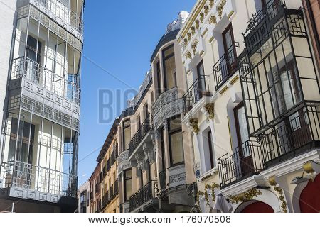 Avila (Castilla y Leon Spain): old typical buildings with balconies and verandas