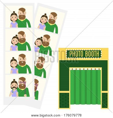 Modern young couple taking selfie photo in photo booth. Flat and photo booth icon. Hipster Man and woman family having fun and get romantic memories. Vector illustration isolated design elements