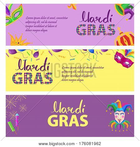 Mardi Gras. Carnival invitation three-colored poster with king and queen crowns, bright masks with feathers, clown hat, balloons, confetti and fireworks. Vector illustration of advertisement signboard.
