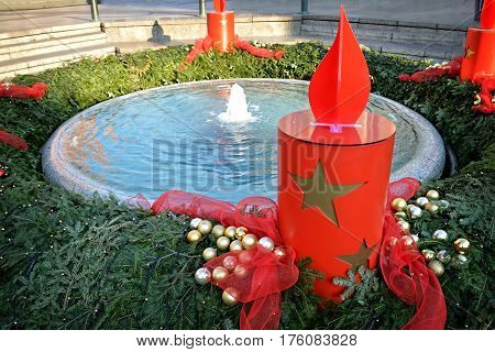 Mandusevac fountain decorated with advent wreath in Zagreb, Croatia
