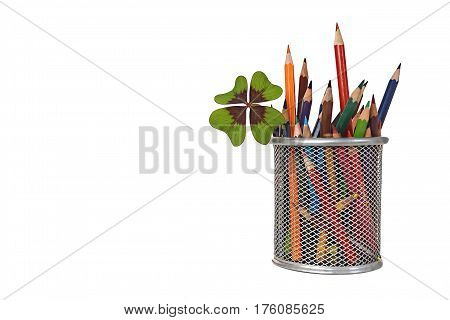 Back to school: Colored pencils in the jar isolated on white background