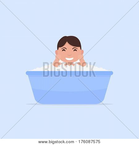 Vector illustration of a cartoon little baby bathes in a small bath. Flat design. Child boy in foam and blisters is sitting in the bathroom.