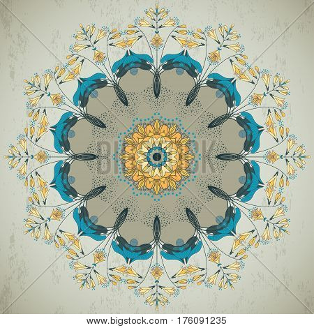 Round vector floral pattern on vintage plaster background. Hosta plant.