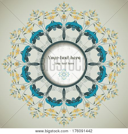 Round vector floral pattern on vintage plaster background. Hosta plant. Frame for your text. Perfect for invitations announcement or greetings.
