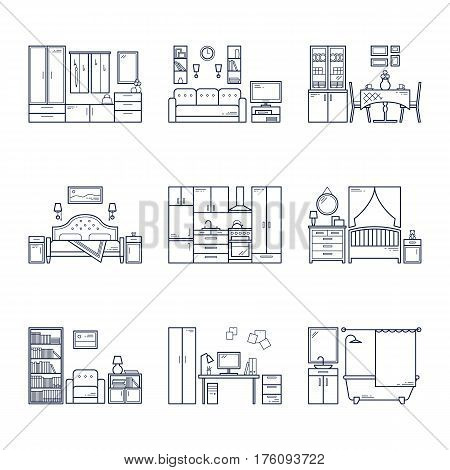 Set of vector interior design rooms in line black and white style. Illustration of living room, hallway, dining room, bedroom, kitchen, nursery, cabinet, workspace, bathroom